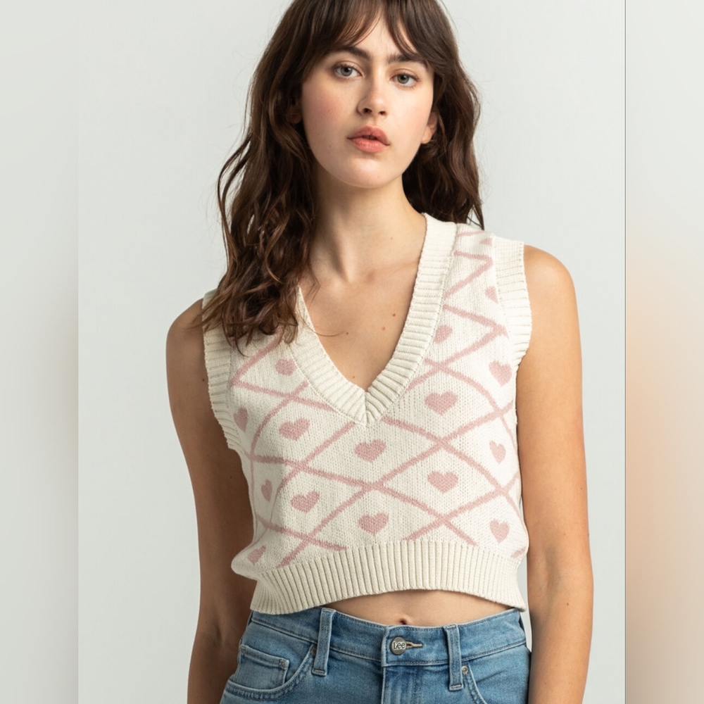 Say What Cream Preppy V-neckline Sweater Vest With Pink Heart Pattern